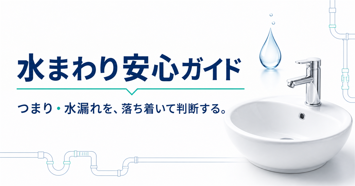 白い洗面台と水滴を描いた水まわり安心ガイドのビジュアル